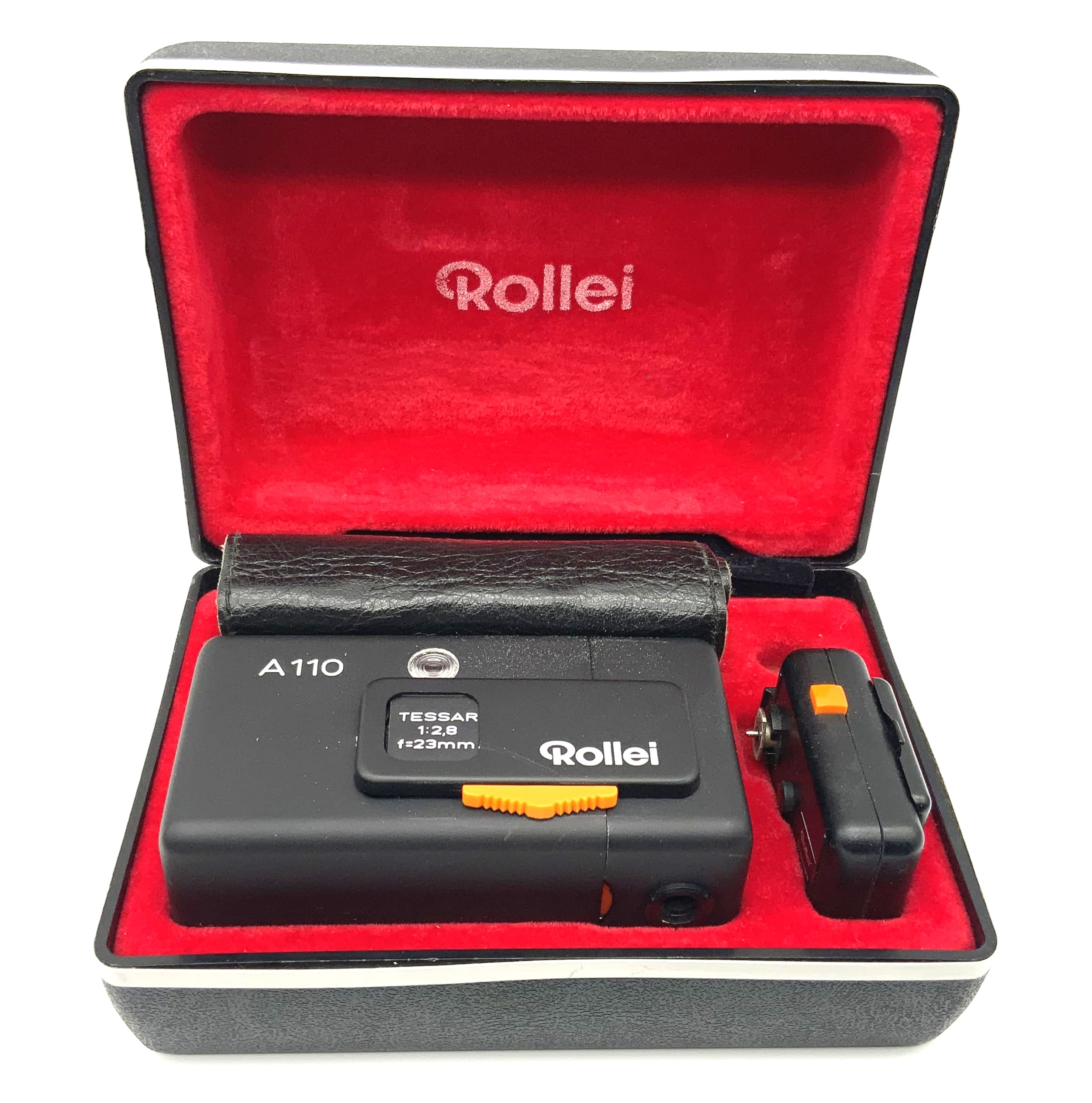 Rollei A110 mit Tessar1:2.8 f=23mm mit Hülle, Tasche und Blitz Spy Cam