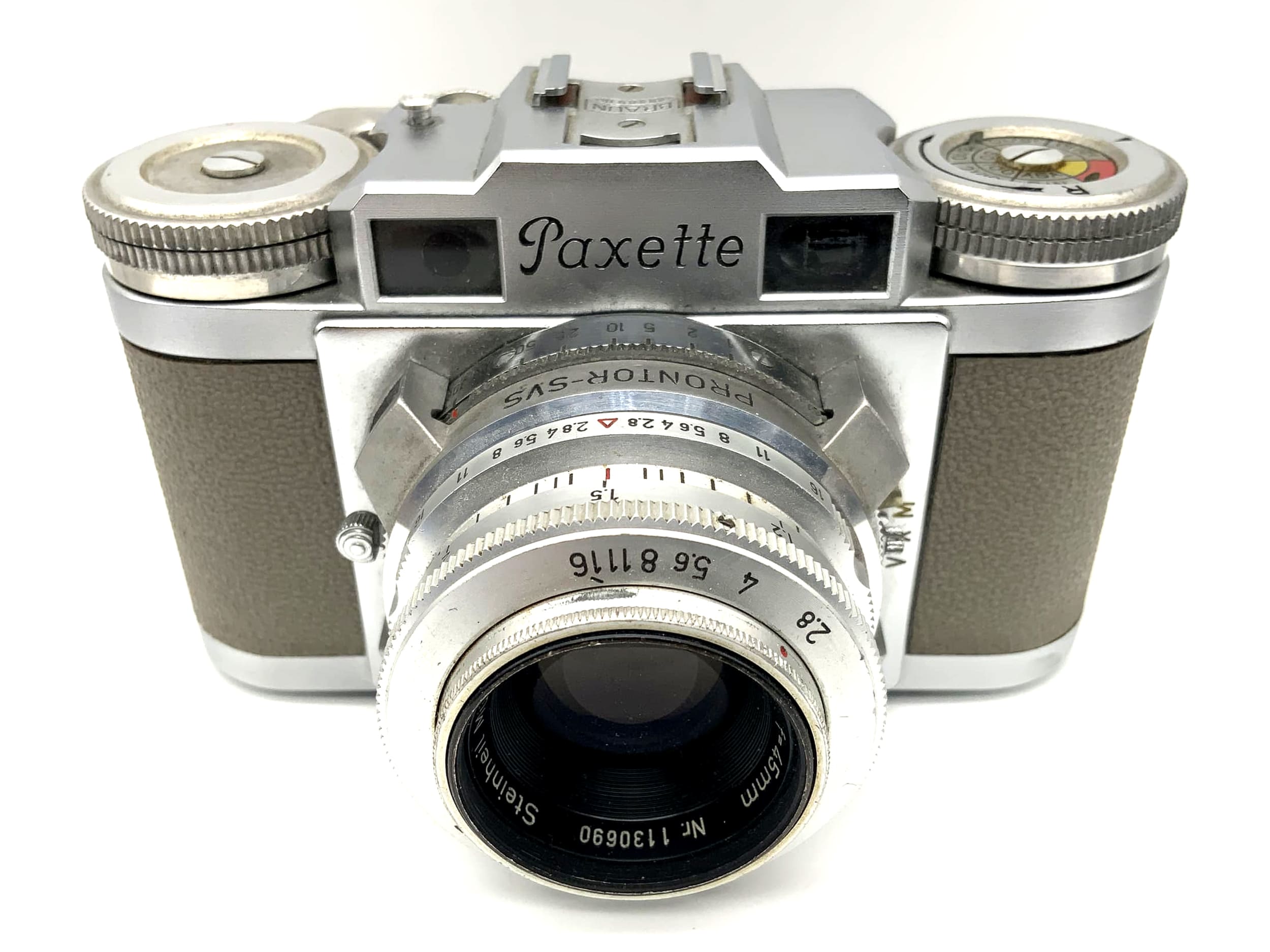 Braun Paxette Sucherkamera + Steinheil München Cassarit 2.8/45 Prontor-SVS grau