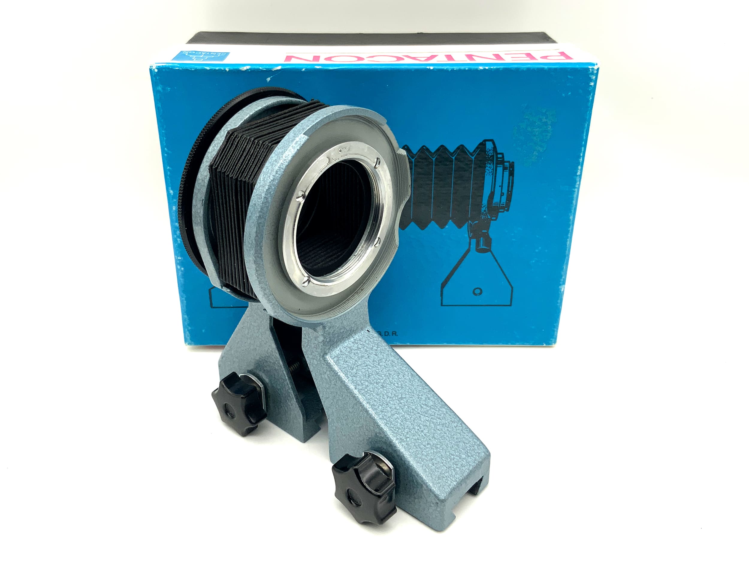 Pentacon Balgenaufsatz für Einstellschlitten Macrobalgen hellblau in OVP (M42)